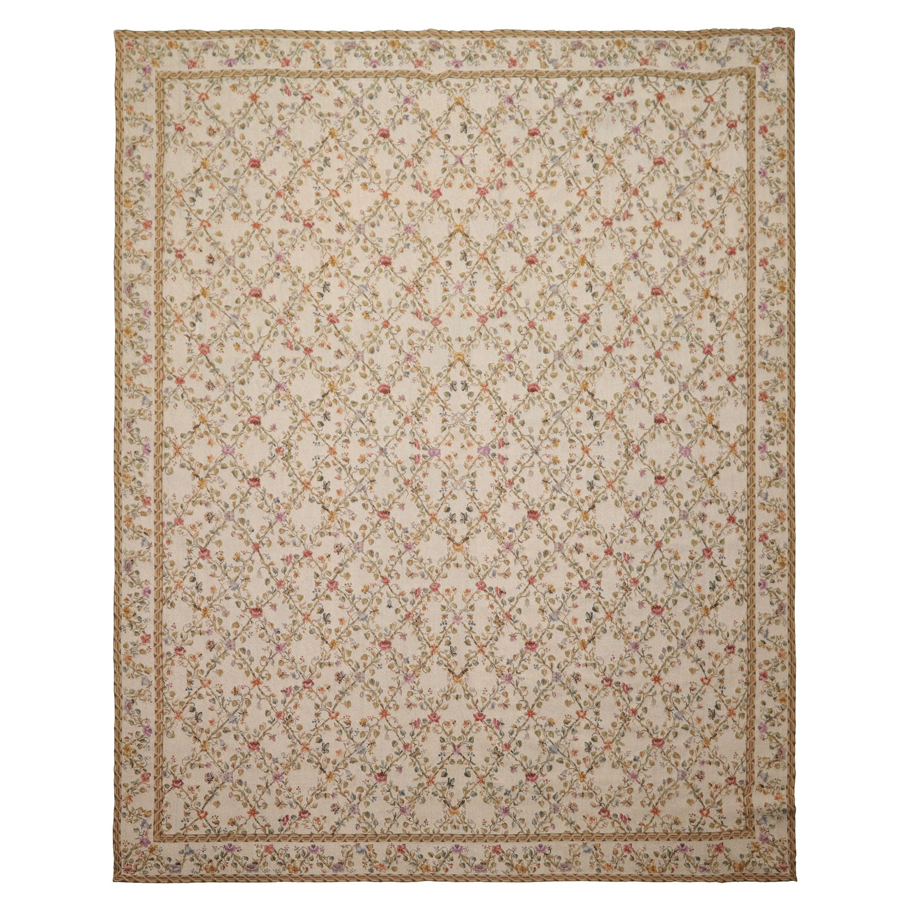 8x10 Ivory, Gold, Green Color Hand Woven Aubusson Needlepoint Wool Traditional Oriental Rug