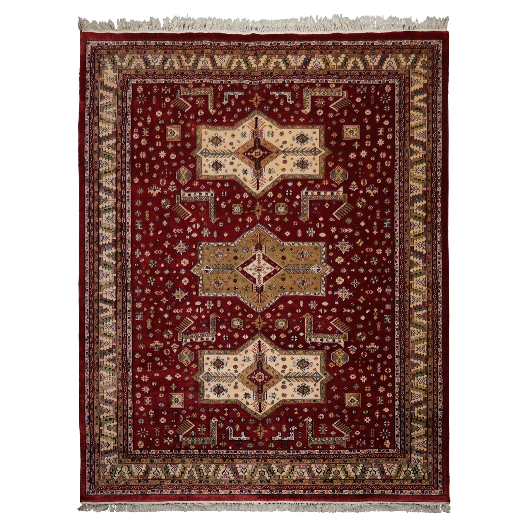 9x12 Burgundy, Ivory, Green Color Hand Knotted Shirvan New Zealand Wool Traditional Oriental Rug