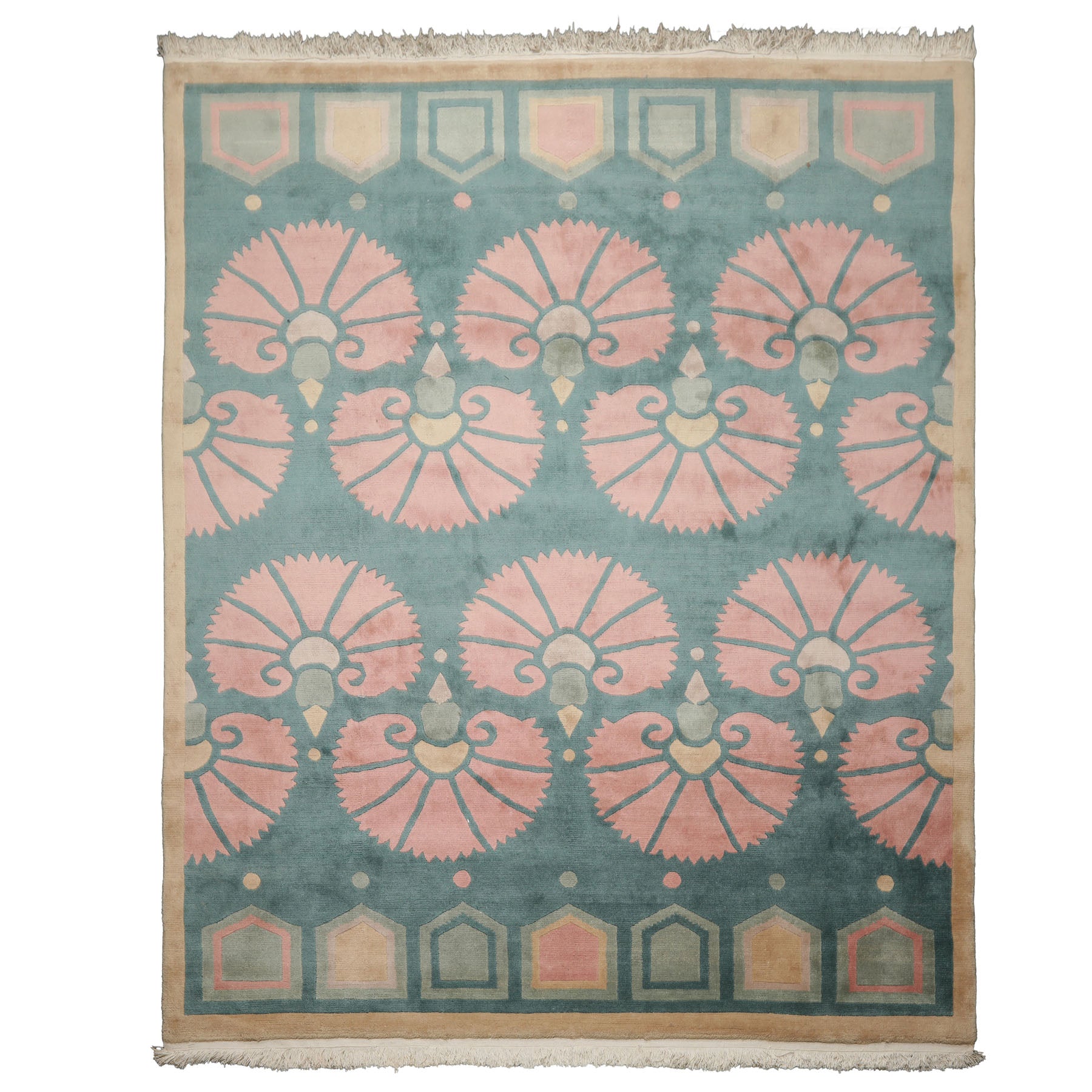 8x10 Turquoise, Rose, Beige Color Hand Knotted Tibetan Wool Transitional Oriental Rug