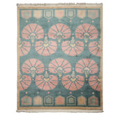 8x10 Turquoise, Rose, Beige Color Hand Knotted Tibetan Wool Transitional Oriental Rug