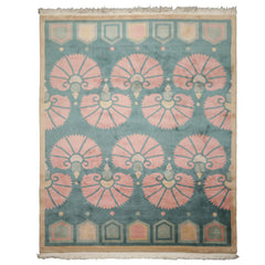 8x10 Turquoise, Rose, Beige Color Hand Knotted Tibetan Wool Transitional Oriental Rug