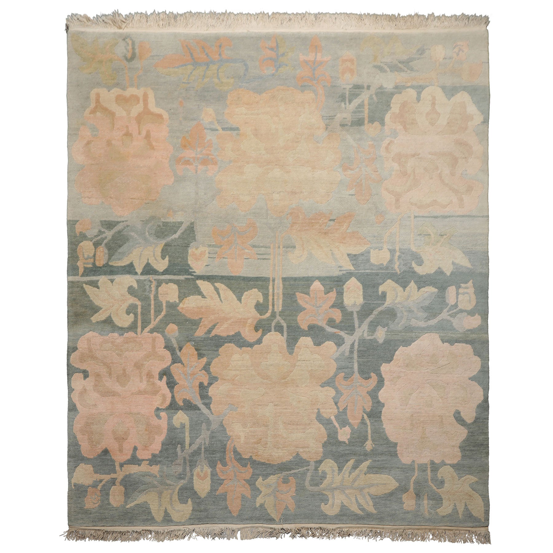 8x10 Beige, Aqua, Rose Color Hand Knotted Tibetan Wool Art Deco Oriental Rug