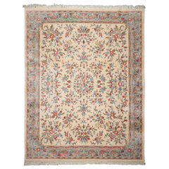 9x12 Ivory, Blue, Pink Color Hand Knotted Kerman New Zealand Wool Traditional Oriental Rug