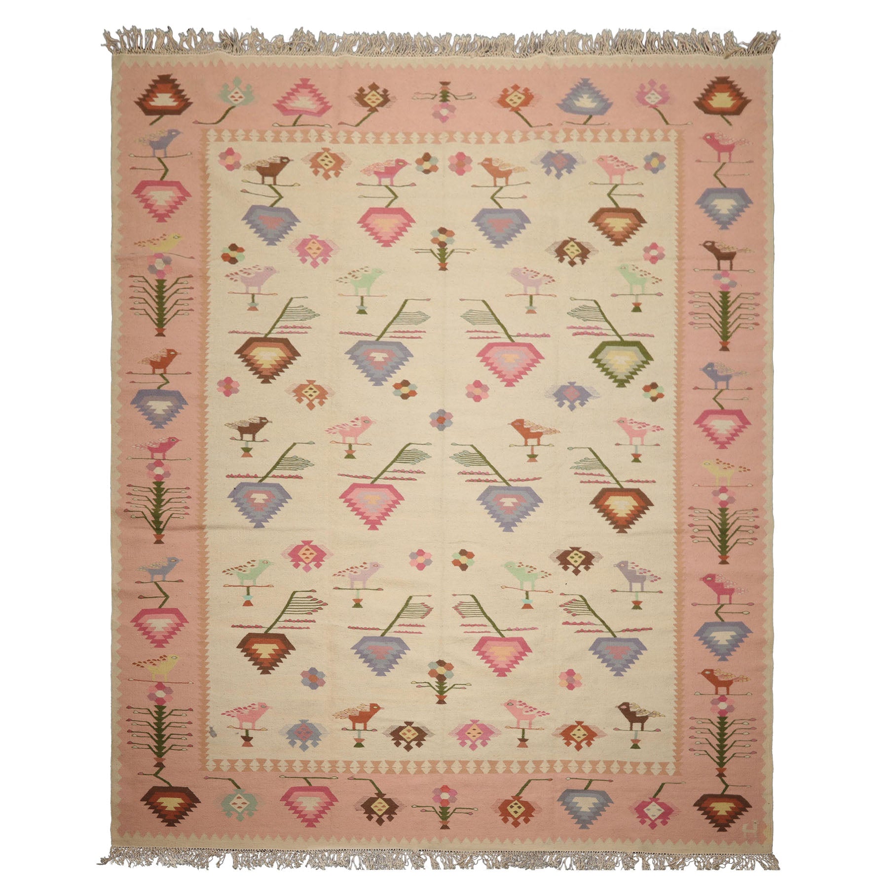 9x12 Ivory, Pink, Lavender Color Hand Woven Kilim Wool Tribal Oriental Rug