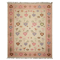 9x12 Ivory, Pink, Lavender Color Hand Woven Kilim Wool Tribal Oriental Rug