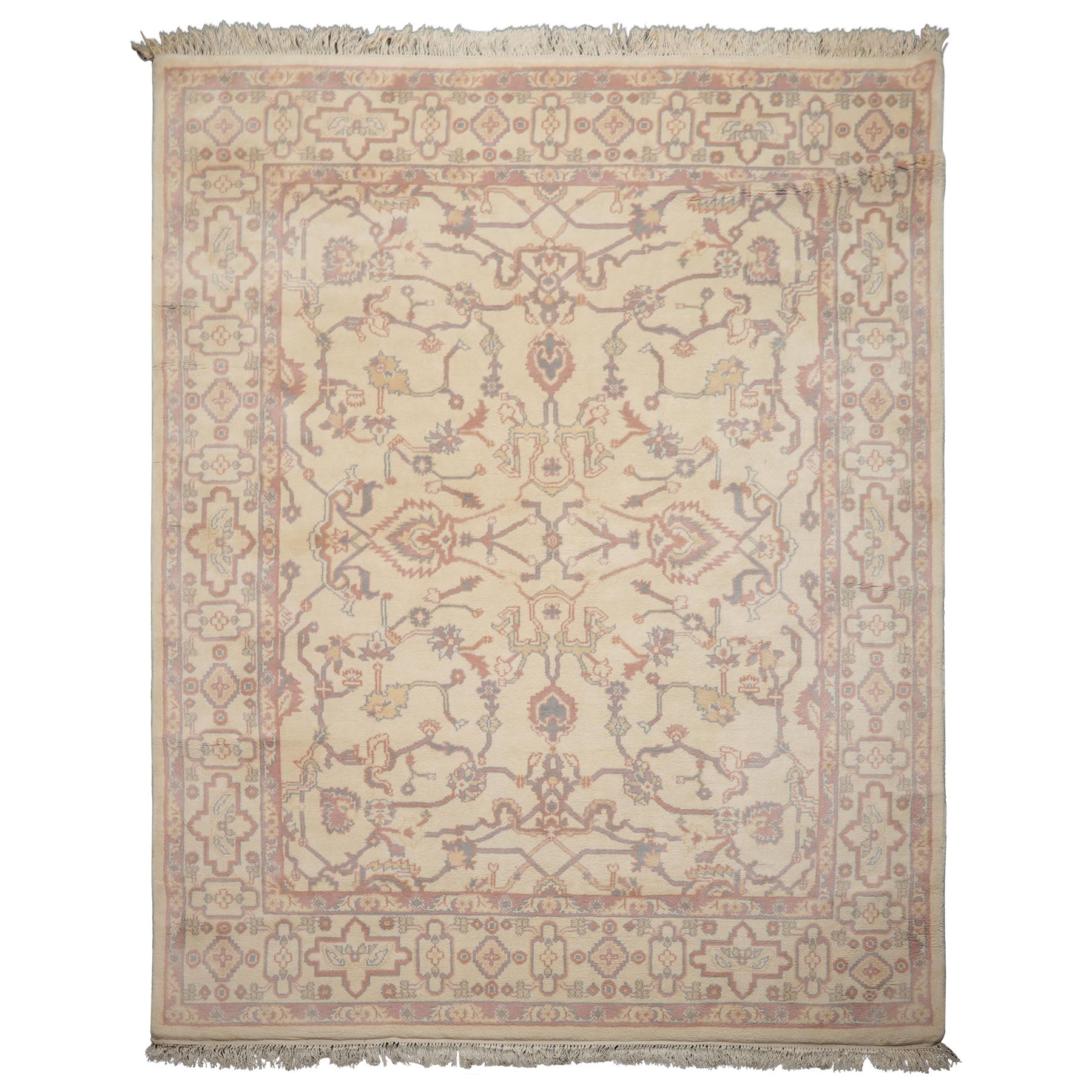 8x10 Ivory, Rose, Gray Color Hand Knotted Heriz New Zealand Wool Traditional Oriental Rug