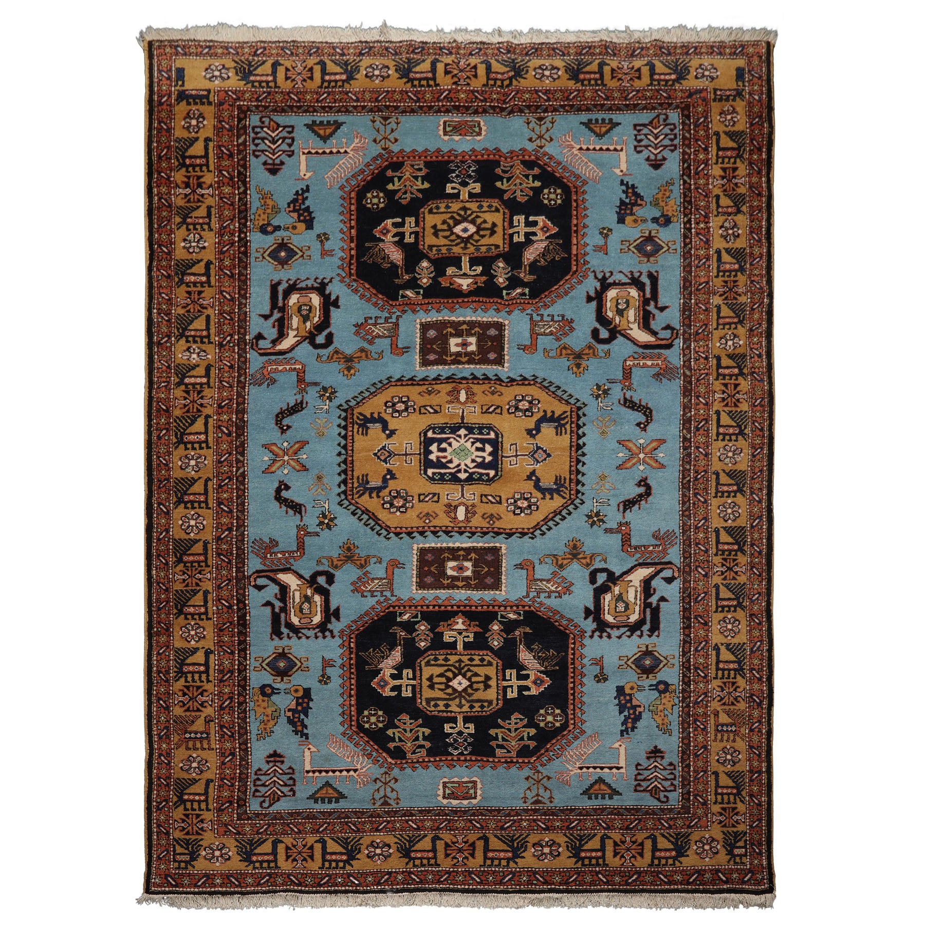8x10 Blue, Gold, Chocolate Color Hand Knotted Kazak Wool Traditional Oriental Rug