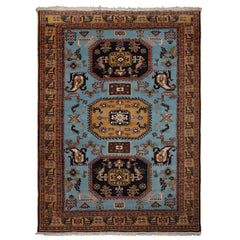 8x10 Blue, Gold, Chocolate Color Hand Knotted Kazak Wool Traditional Oriental Rug