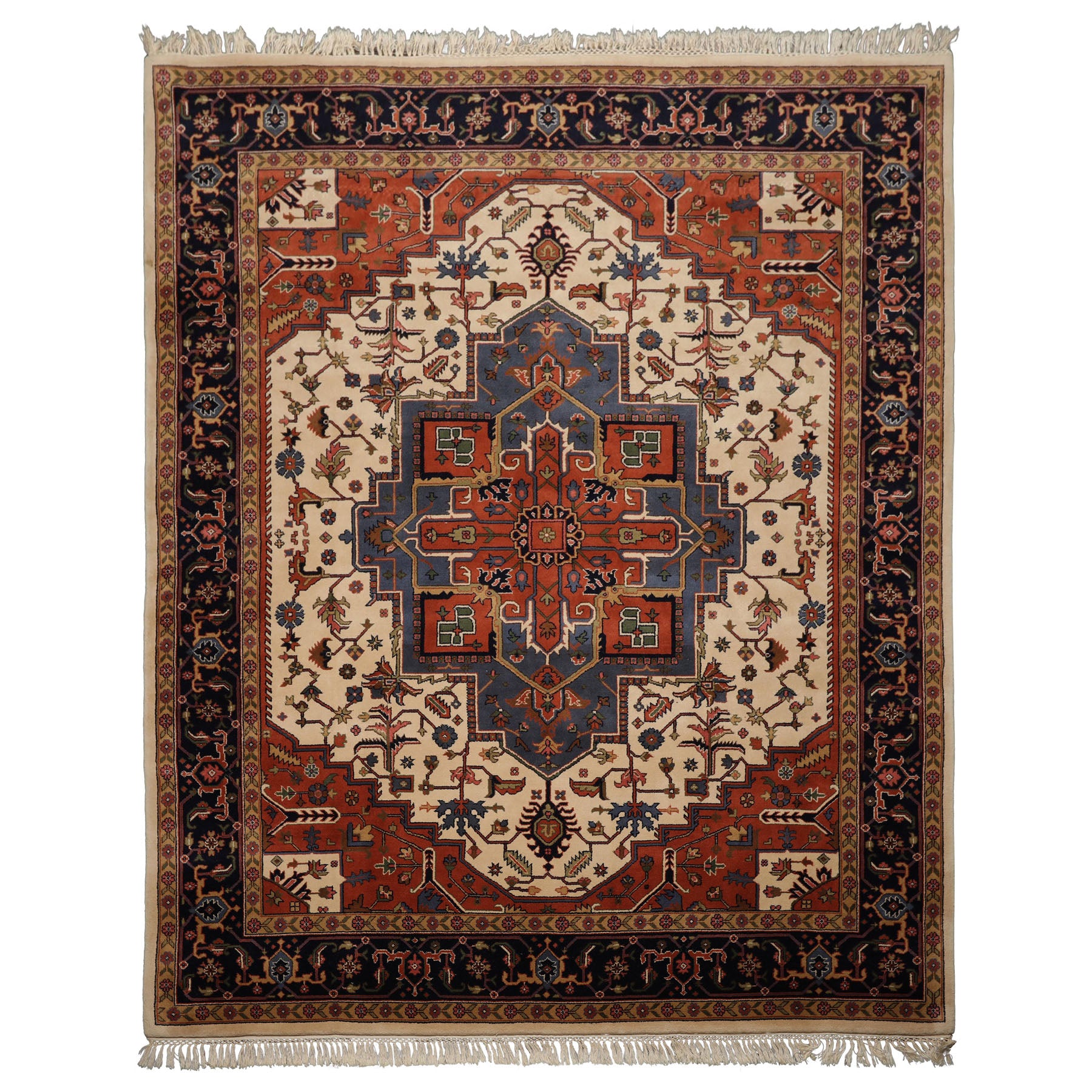 8x10 Ivory, Muted Teracotta, Blue Color Hand Knotted Heriz Wool Traditional Oriental Rug
