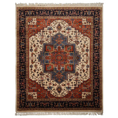 8x10 Ivory, Muted Teracotta, Blue Color Hand Knotted Heriz Wool Traditional Oriental Rug