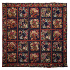Square Navy, Rust, Orange Color Hand Woven Aubusson Needlepoint Wool Traditional Oriental Rug