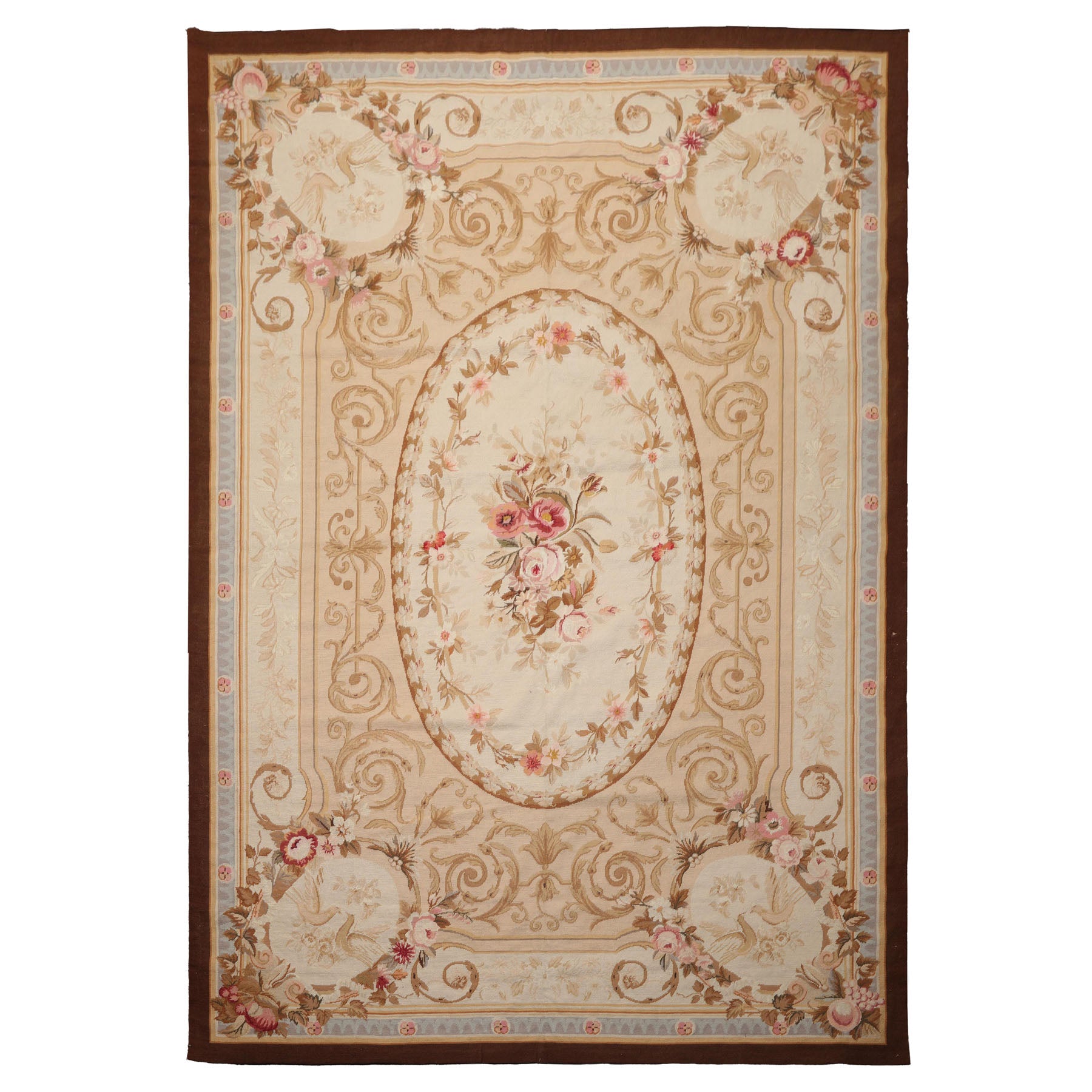 7x10 Ivory, Tan, Brown Color Hand Woven Aubusson Needlepoint Wool Traditional Oriental Rug