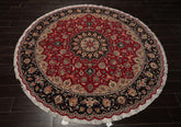 Round Fuschia, Midnight Blue, Ivory Color Hand Knotted Tabriz Round Wool & Silk Traditional Oriental Rug