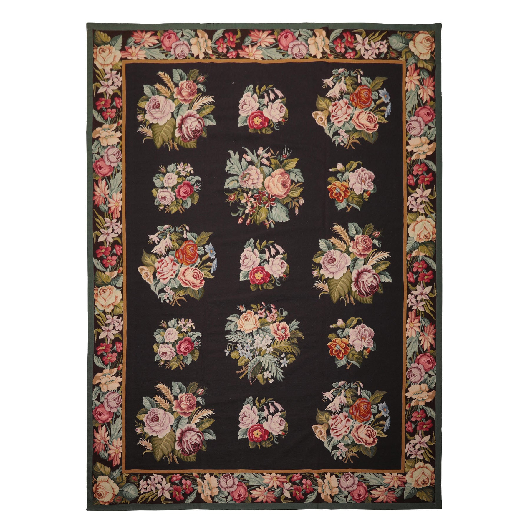 9x12 Charcoal, Ivory, Gold Color Hand Woven Aubusson Needlepoint Wool Traditional Oriental Rug