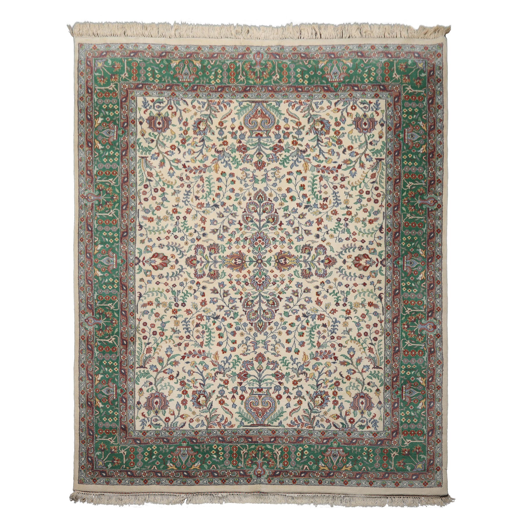 8x10 Ivory, Green, Taupe Color Hand Knotted Kashan New Zealand Wool Traditional Oriental Rug