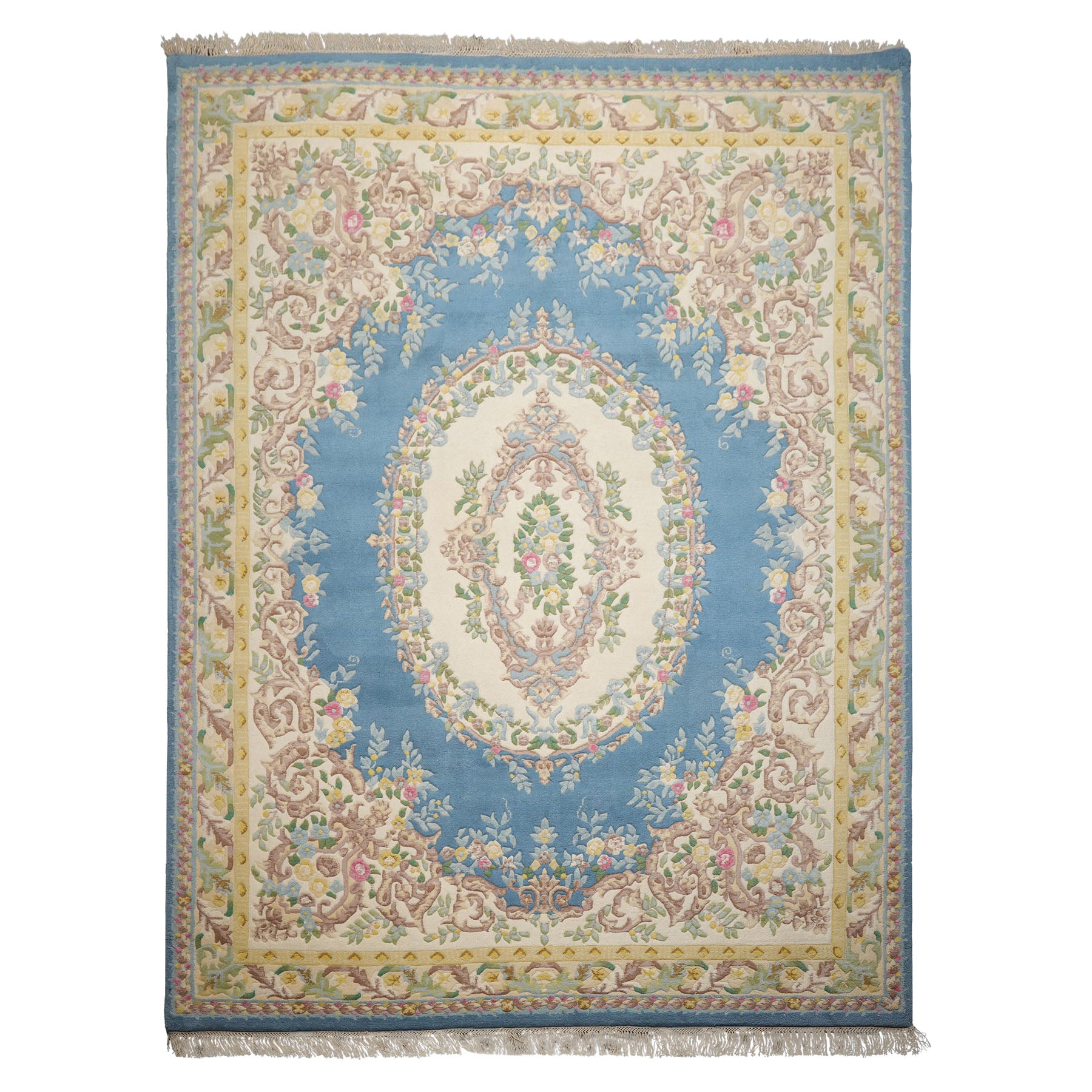 9x12 Blue, Ivory, Gold Color Hand Knotted French Aubusson Savonnerie New Zealand Wool Traditional Oriental Rug