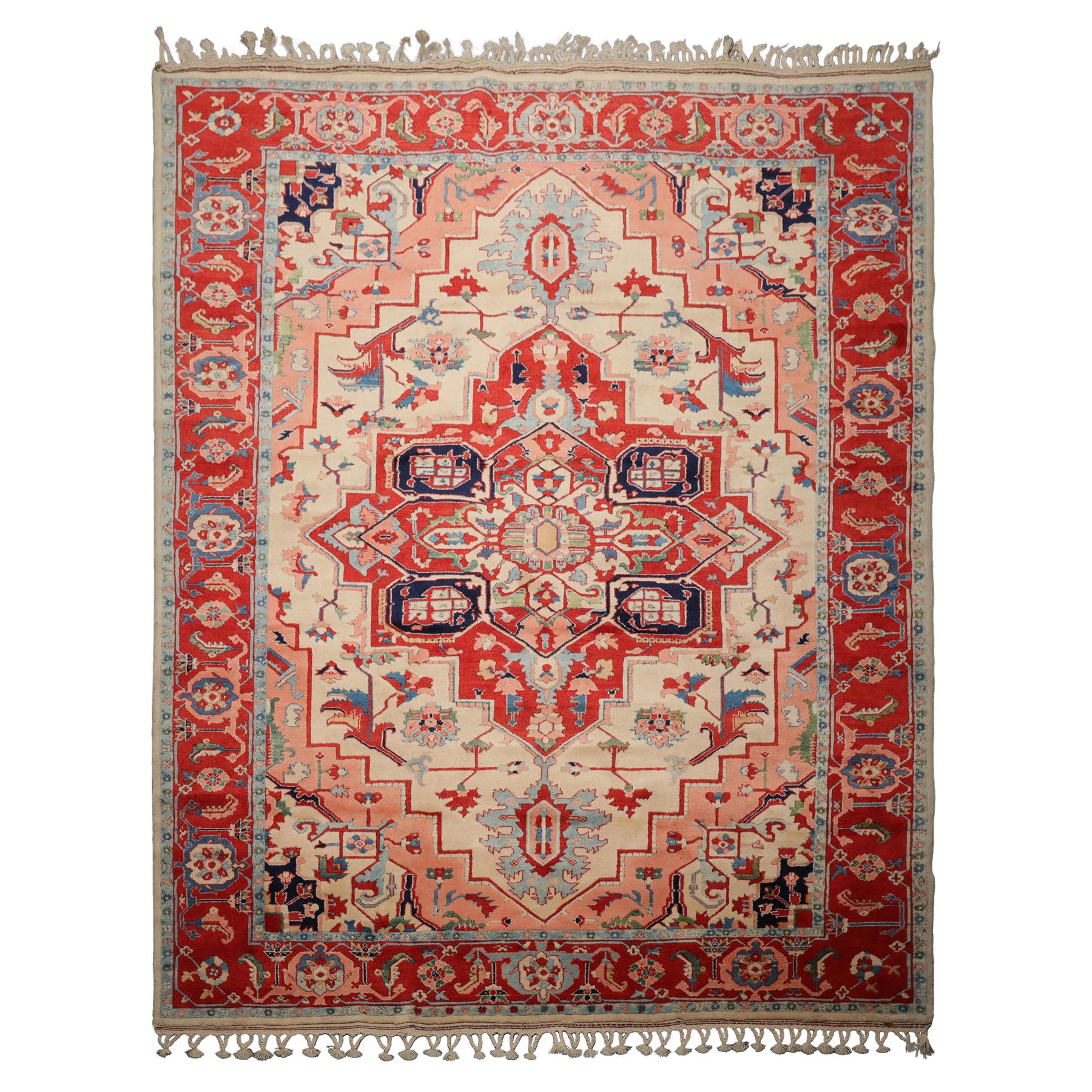 8x10 Ivory, Burnt Orange, Navy Color Hand Knotted Serapi New Zealand Wool Traditional Oriental Rug