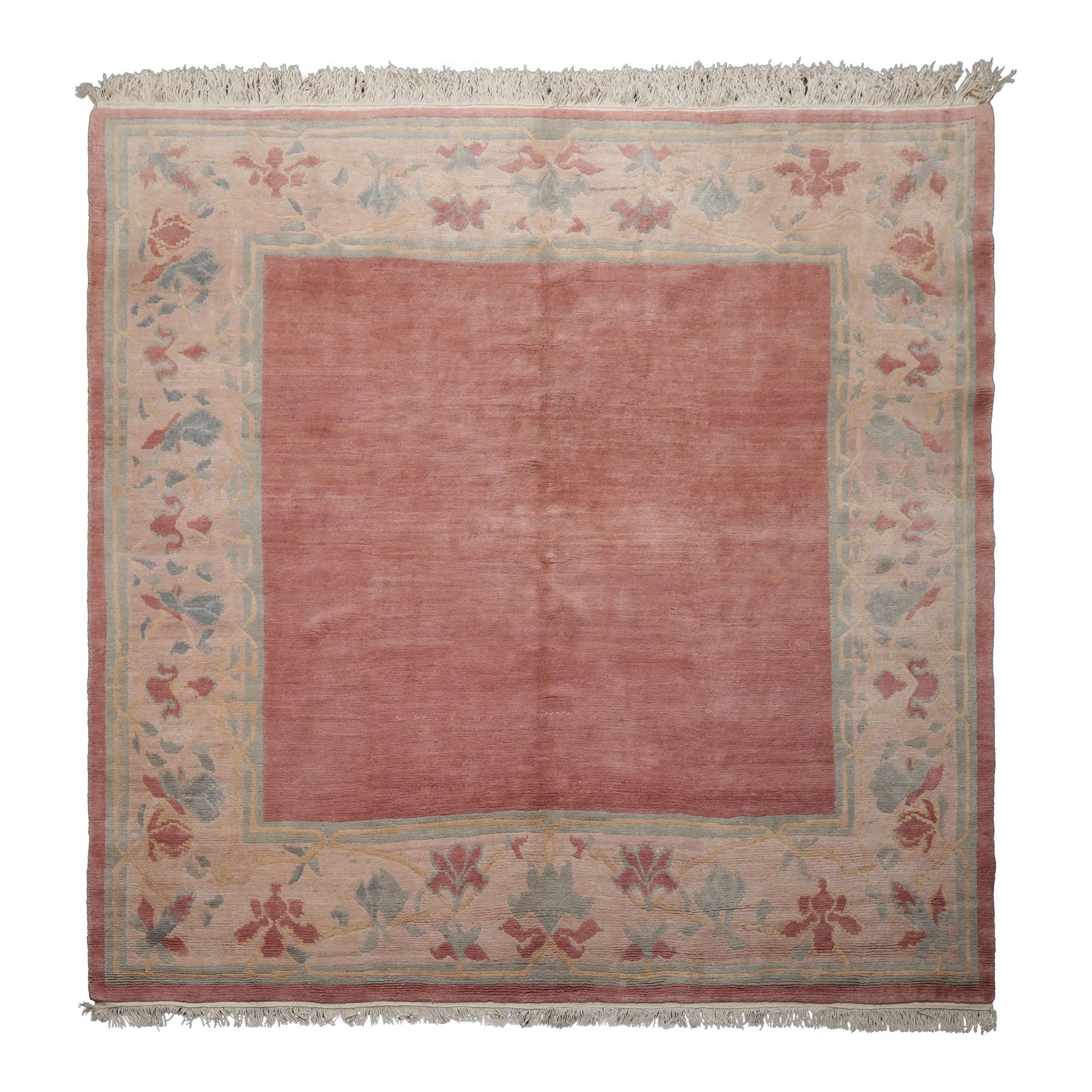 Square Rose, Taupe, Ivory Color Hand Knotted Tibetan Wool Contemporary Oriental Rug