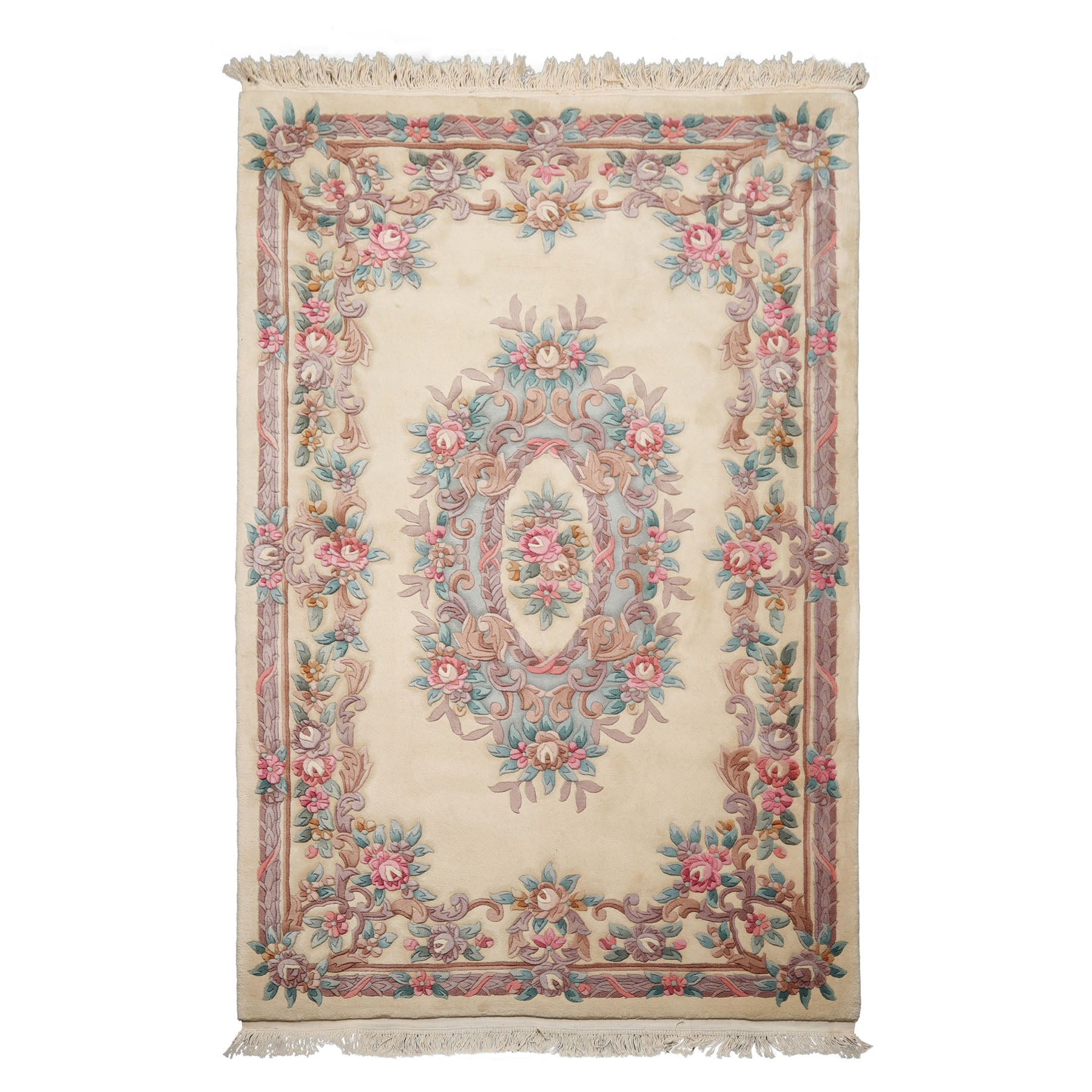 5x8 Ivory, Aqua, Taupe Color Hand Knotted French Aubusson Savonnerie Wool Traditional Oriental Rug