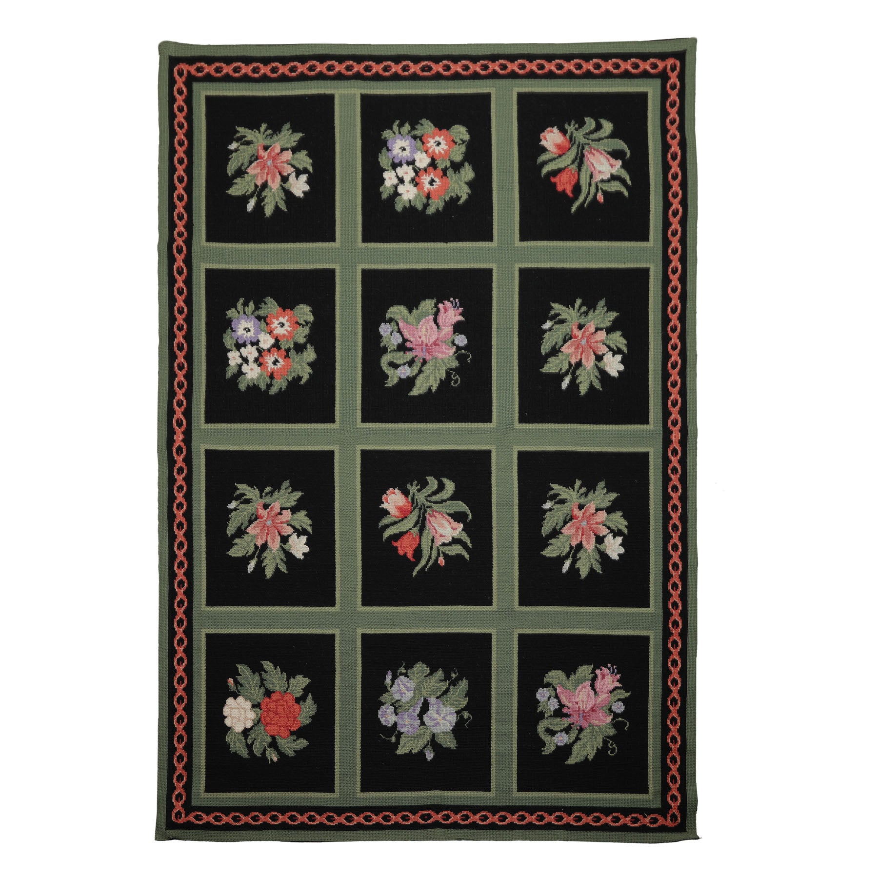 6x9 Black, Green, Rose Color Hand Woven Portugese Needlepoint Wool Traditional Oriental Rug
