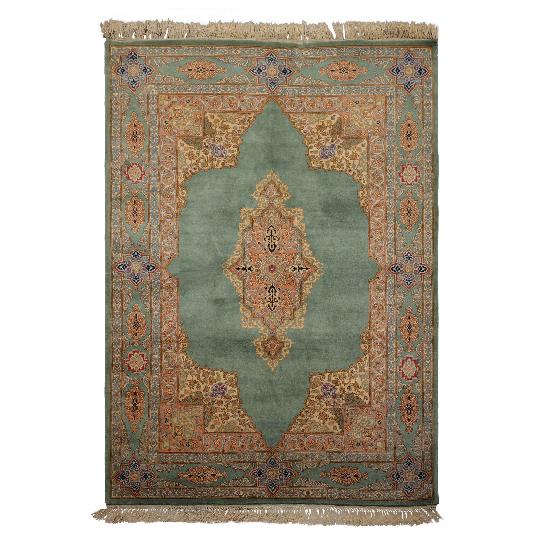 6x9 Aqua, Peach, Beige Color Hand Knotted Kerman Wool Traditional Oriental Rug