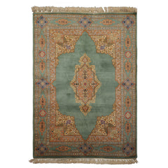 6x9 Aqua, Peach, Beige Color Hand Knotted Kerman Wool Traditional Oriental Rug