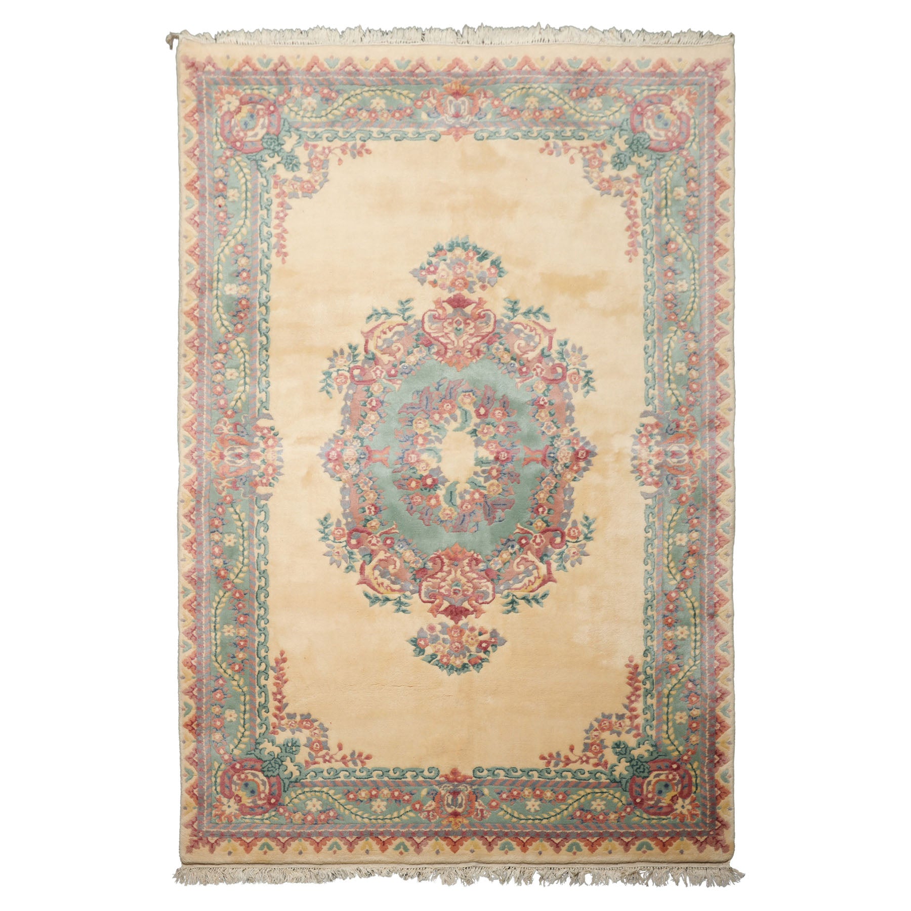 6x9 Ivory, Aqua, Lavender Color Hand Knotted French Aubusson Savonnerie New Zealand Wool Traditional Oriental Rug