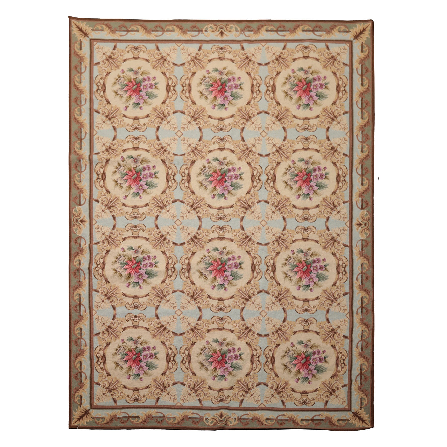 6x8 Aqua, Beige, Tan Color Hand Woven Aubusson Needlepoint Wool Traditional Oriental Rug