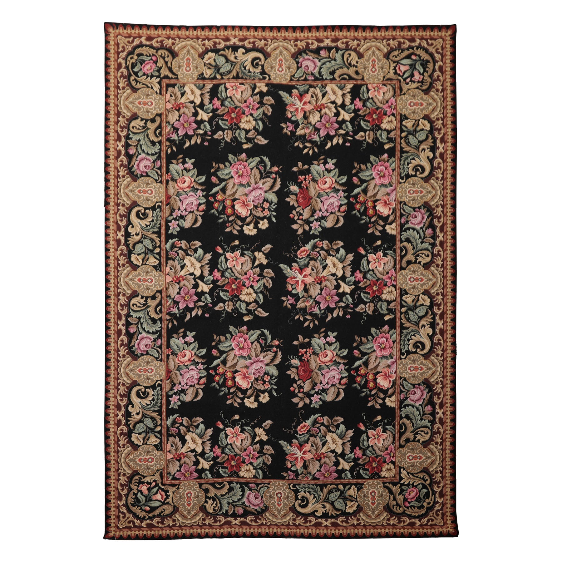 6x9 Black, Brown, Beige Color Hand Woven Aubusson Needlepoint Wool Traditional Oriental Rug