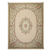 8x11 Ivory, Green, Aqua Color Hand Woven Aubusson Needlepoint Wool Traditional Oriental Rug