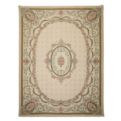 8x11 Ivory, Green, Aqua Color Hand Woven Aubusson Needlepoint Wool Traditional Oriental Rug