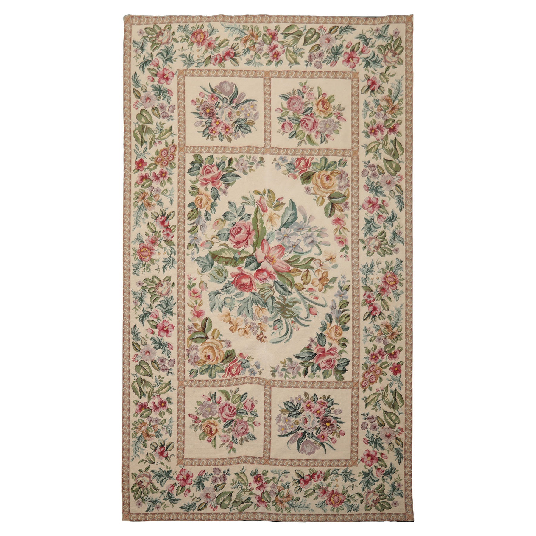 6x10 Ivory, Aqua, Rose Color Hand Woven Aubusson Needlepoint Wool Traditional Oriental Rug