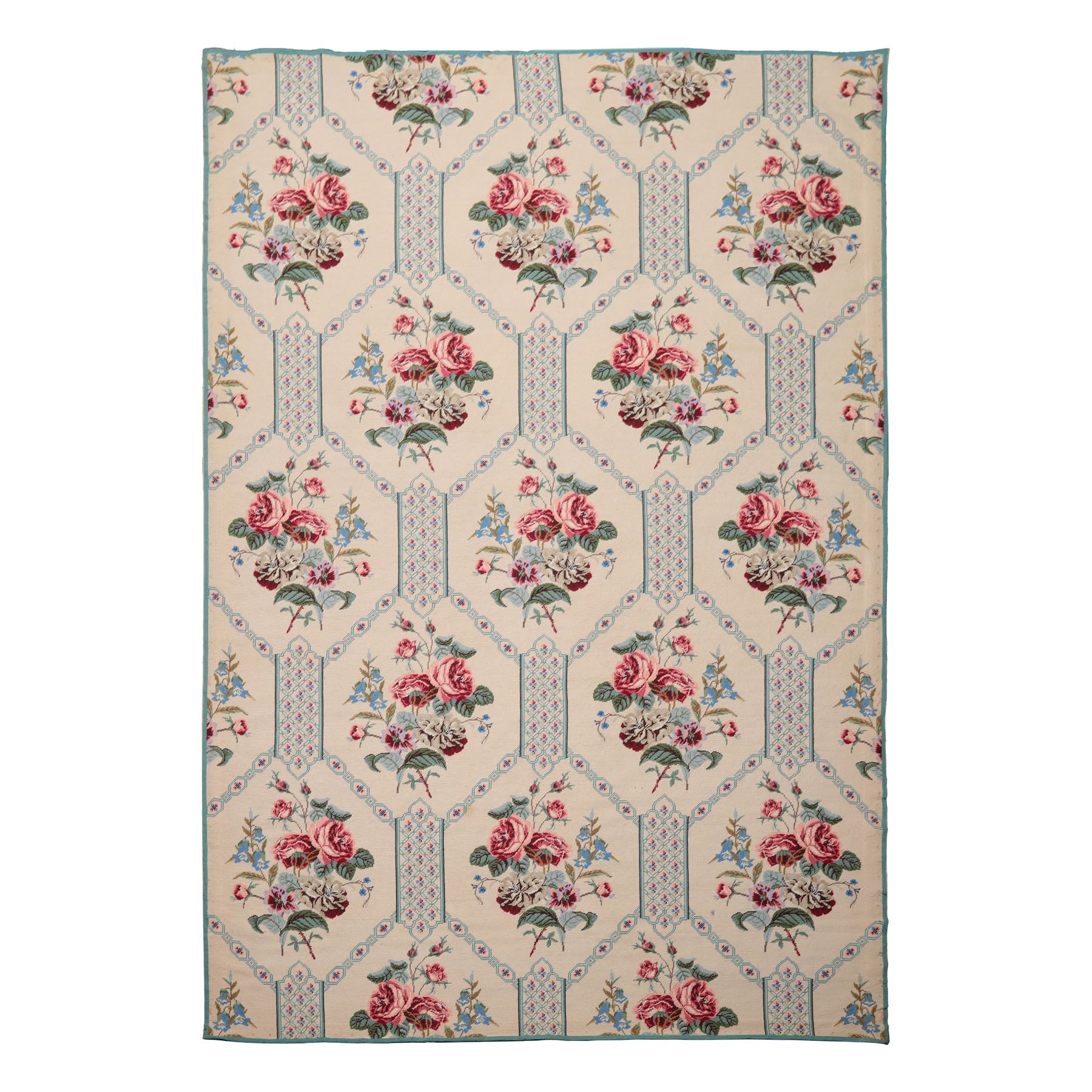 6x9 Ivory, Turquoise, Pink Color Hand Woven Aubusson Needlepoint Wool Traditional Oriental Rug