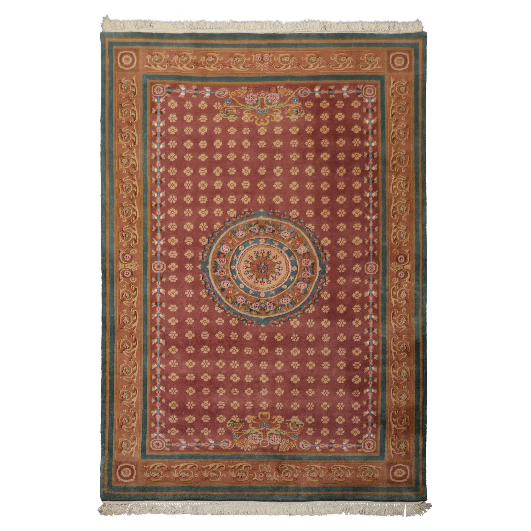 6x9 Rose, Peach, Turquoise Color Hand Knotted French Aubusson Savonnerie New Zealand Wool Traditional Oriental Rug