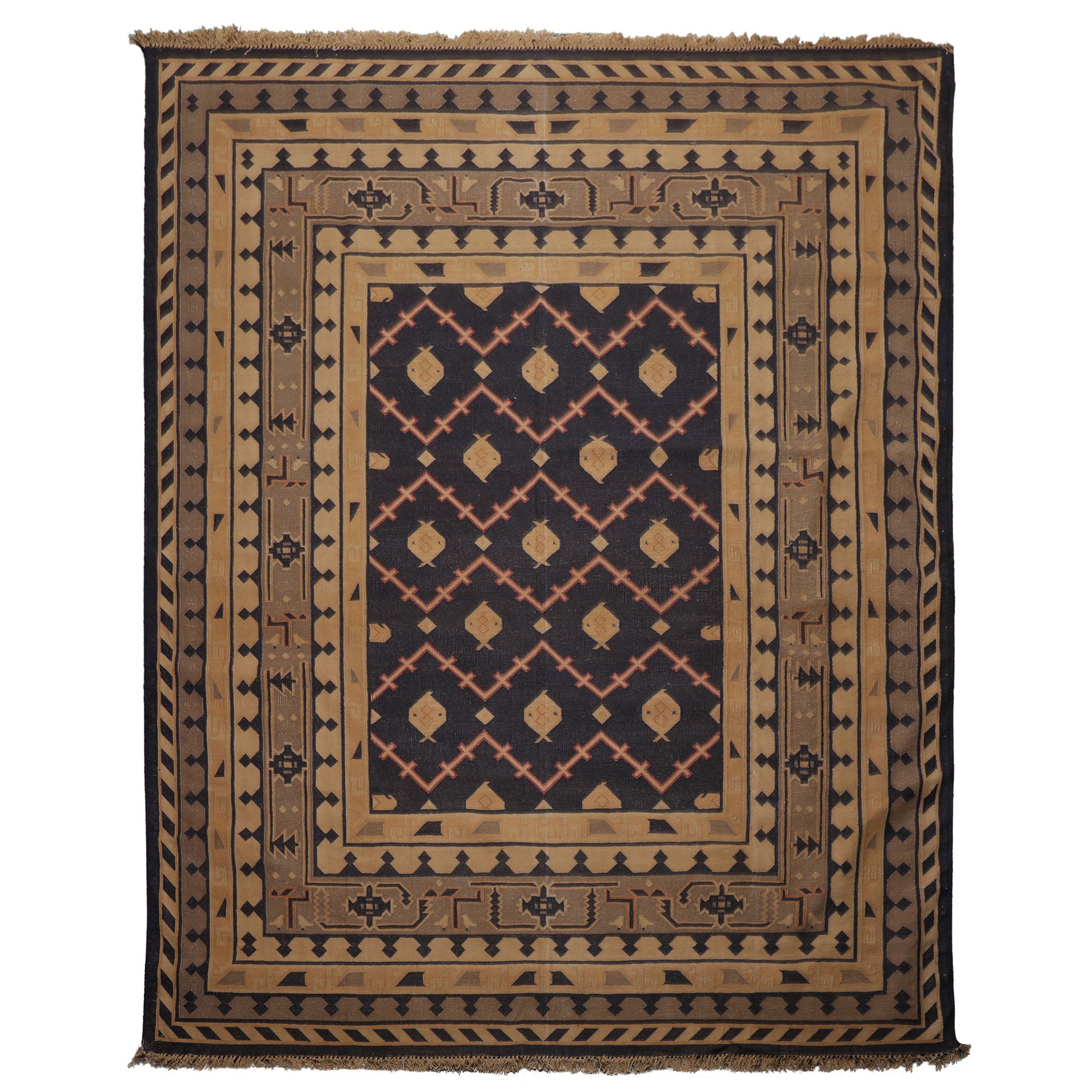 7x9 Navy, Tan, Beige Color Hand Woven Kilim Wool Tribal Oriental Rug