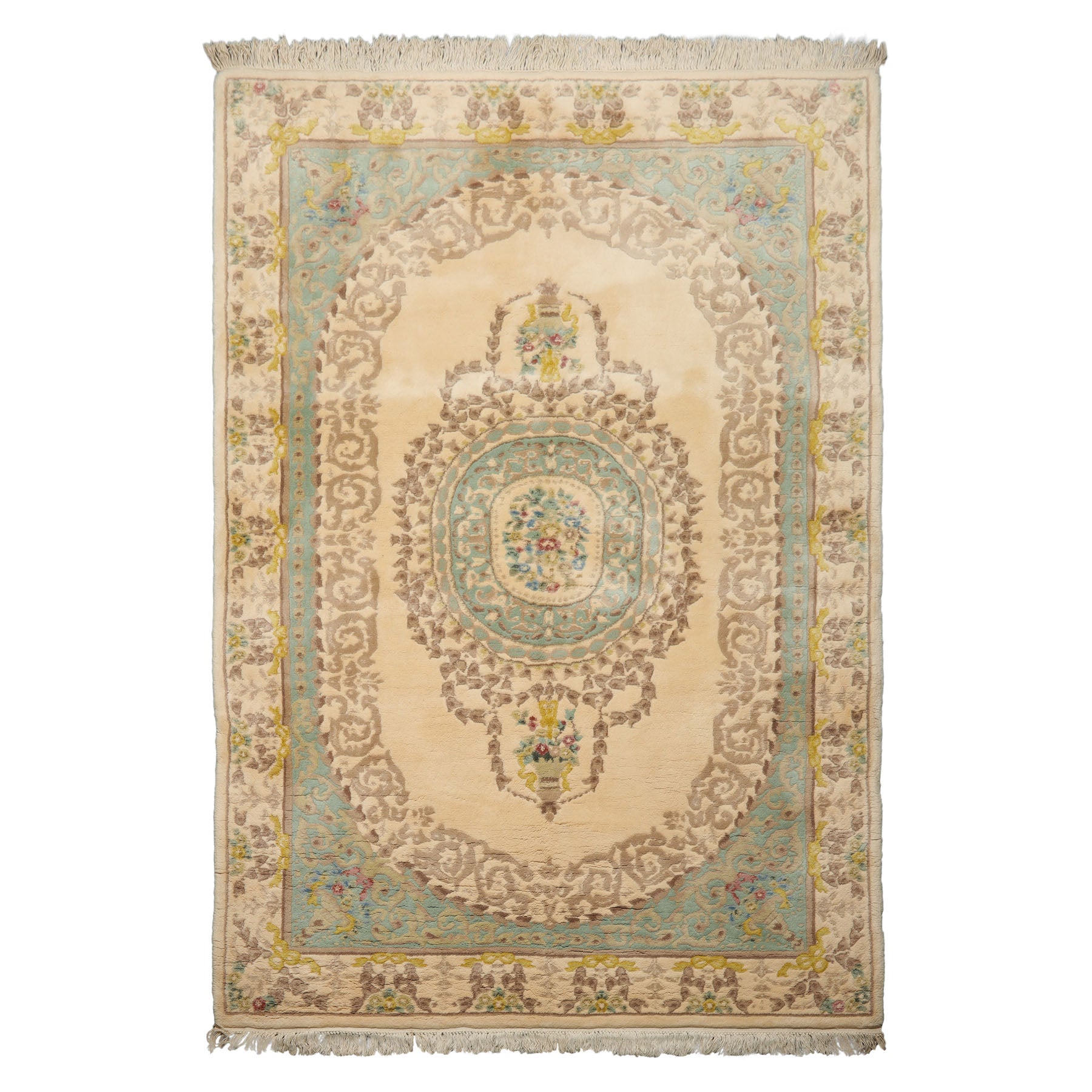 6x9 Ivory, Aqua, Brown Color Hand Knotted French Aubusson Savonnerie Wool Traditional Oriental Rug