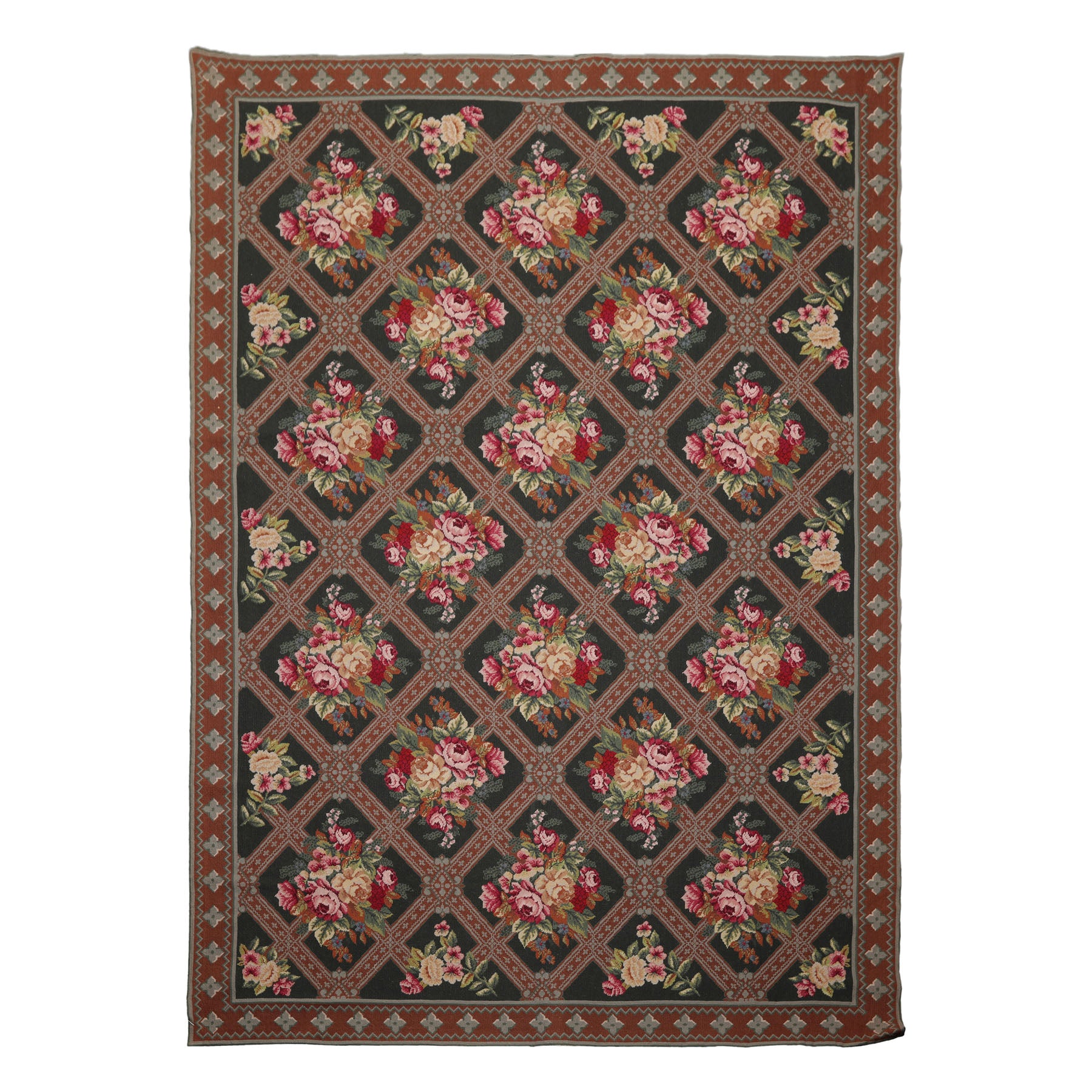 6x9 Green, Brown, Ivory Color Hand Woven Aubusson Needlepoint Wool Traditional Oriental Rug