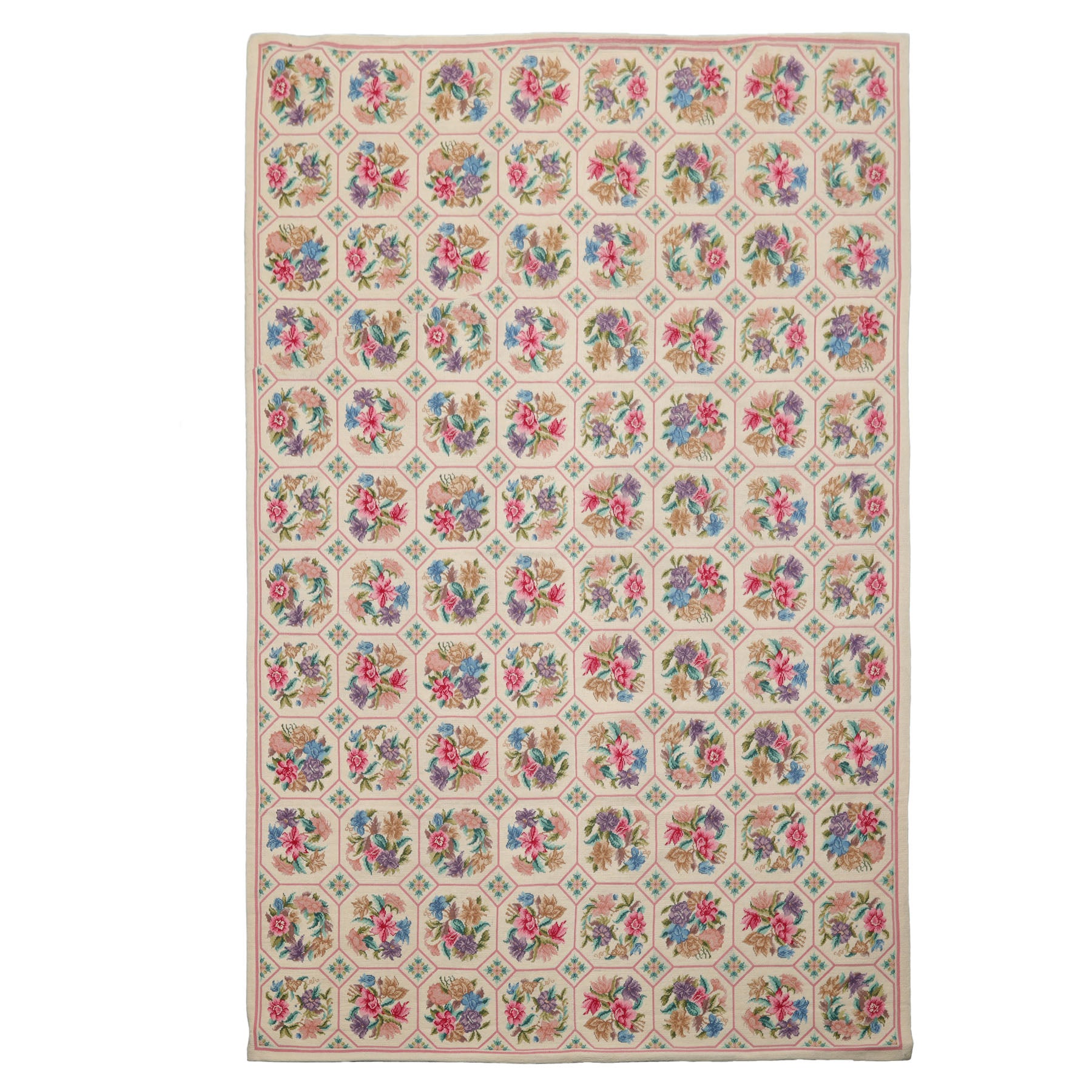 5x8 Ivory, Pink, Lavender Color Hand Woven Aubusson Needlepoint Wool Traditional Oriental Rug