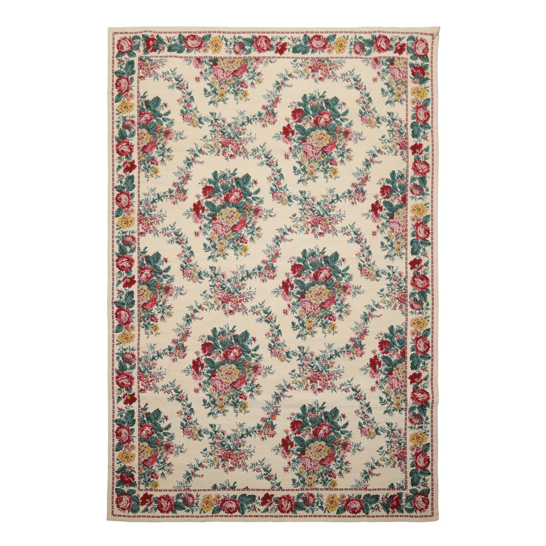 5x8 Ivory, Aqua, Teal Color Hand Woven Aubusson Needlepoint Wool Traditional Oriental Rug