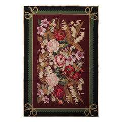 6x9 Plum, Green, Black Color Hand Woven Aubusson Needlepoint Wool Traditional Oriental Rug