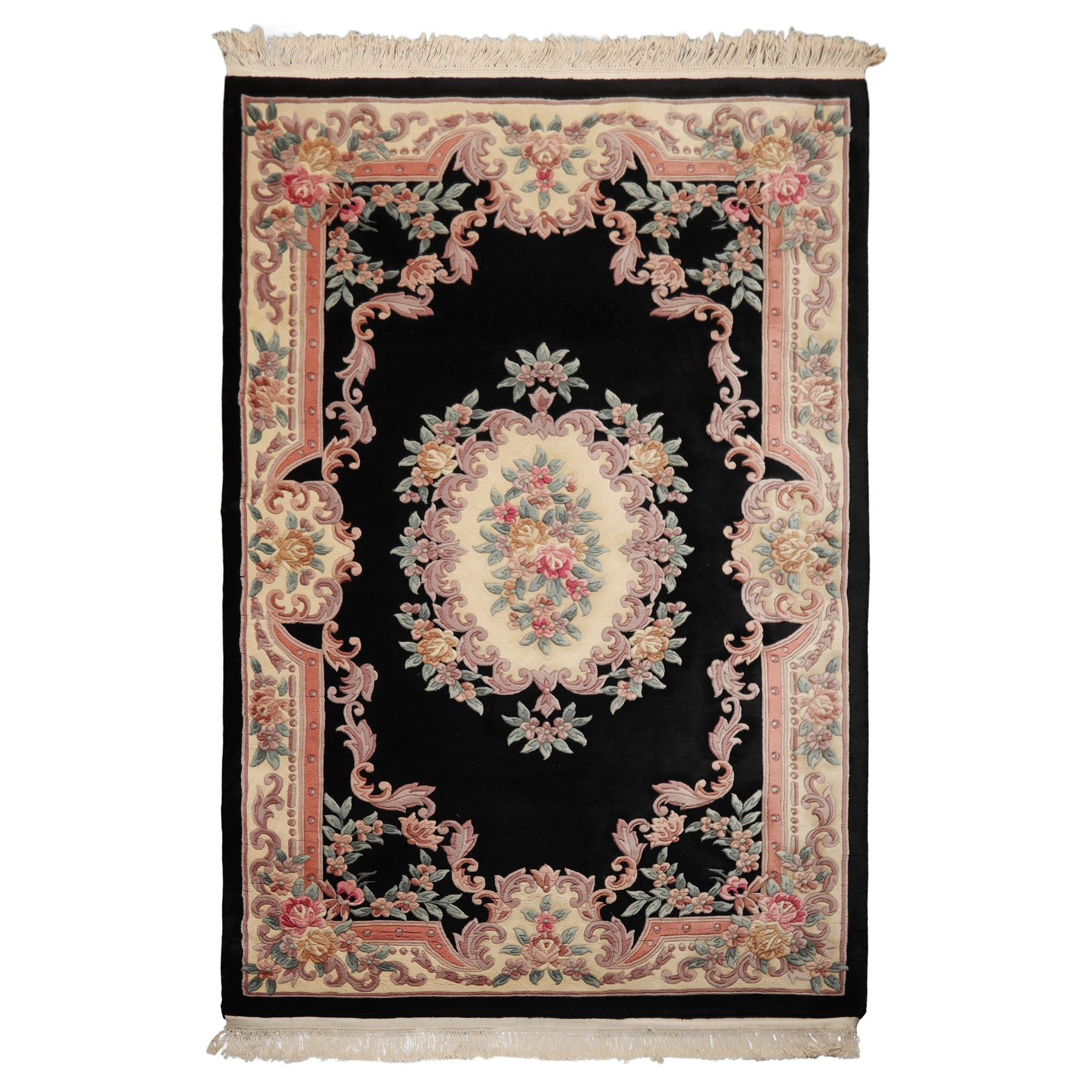 5x8 Black, Ivory, Blush Color Hand Knotted French Aubusson Savonnerie Wool Traditional Oriental Rug