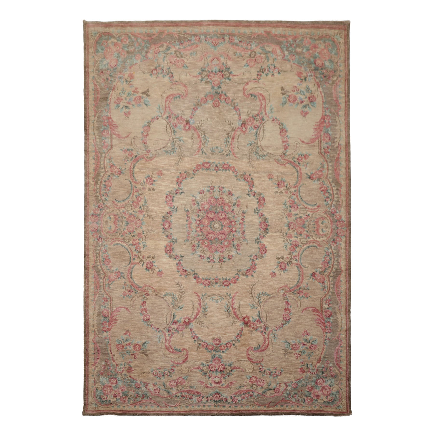 6x9 Beige, Tan, Blush Color Hand Knotted French Aubusson Savonnerie Wool Transitional Oriental Rug