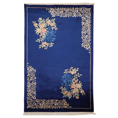 6x9 Royal Blue, Ivory, Blush Color Hand Knotted Chinese Art Deco Wool Traditional Oriental Rug