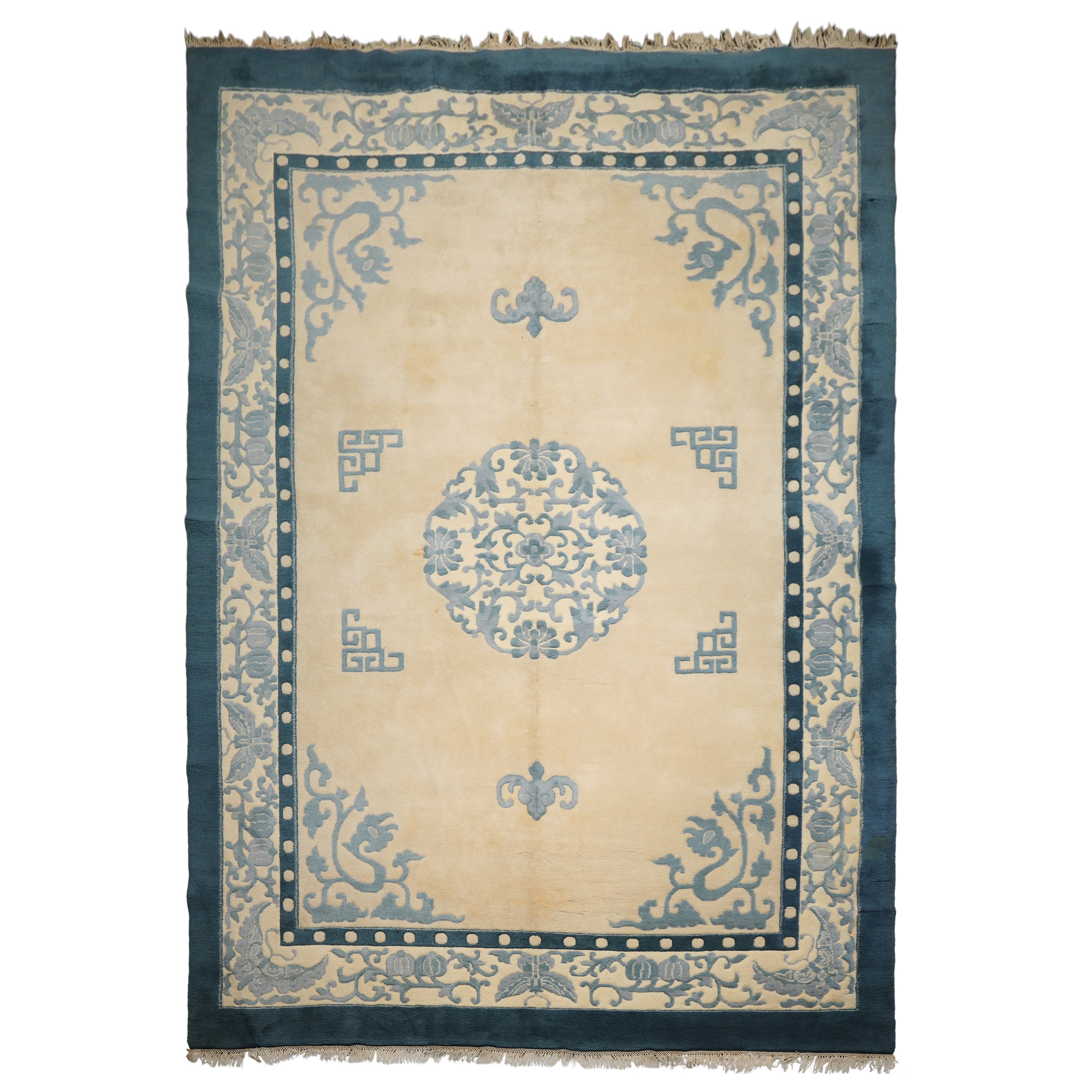 10x14 Ivory, Blue, Color Hand Knotted Medallion Wool Traditional Oriental Rug