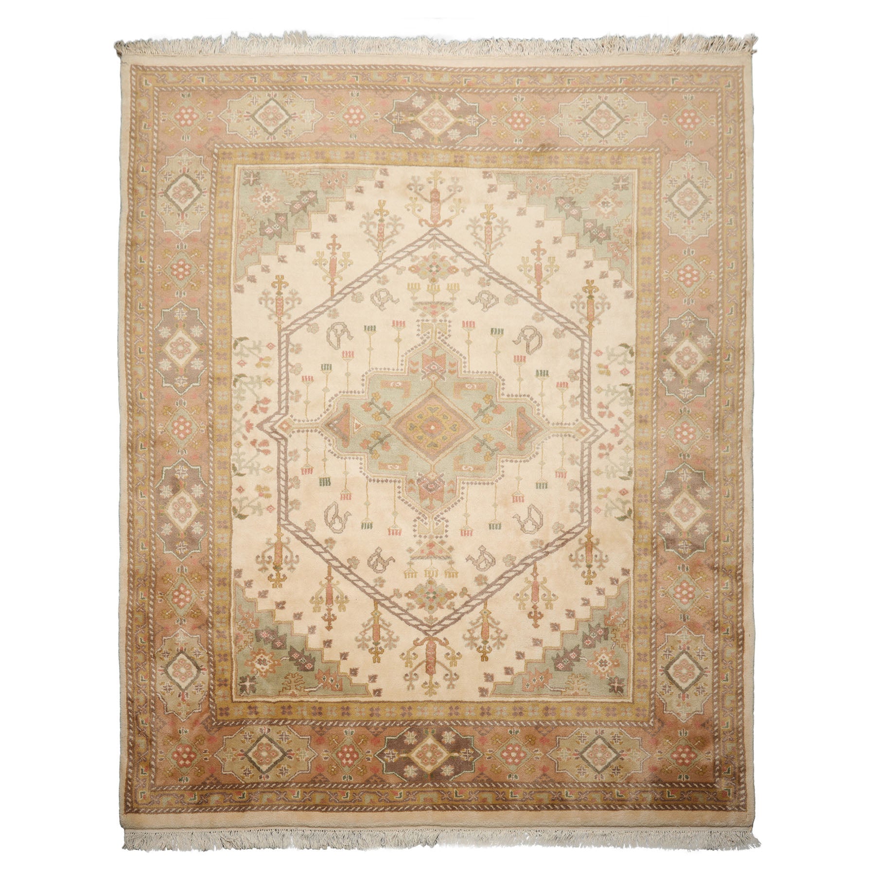 8x10 Ivory, Blush, Rose Color Hand Knotted Heriz New Zealand Wool Traditional Oriental Rug