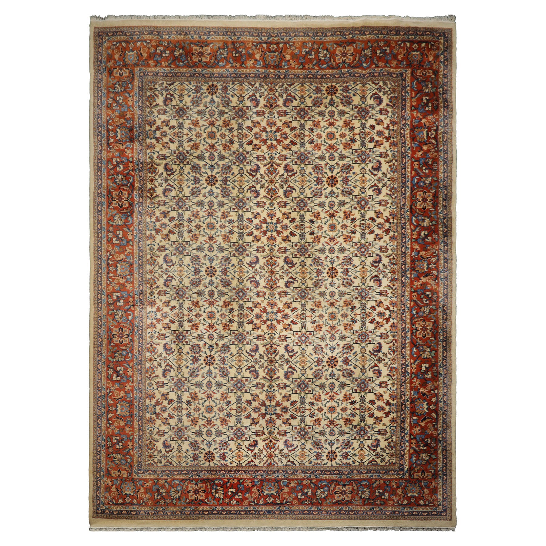 10x14 Ivory, Burnt Orange, Blue Color Hand Knotted Herati Wool Traditional Oriental Rug