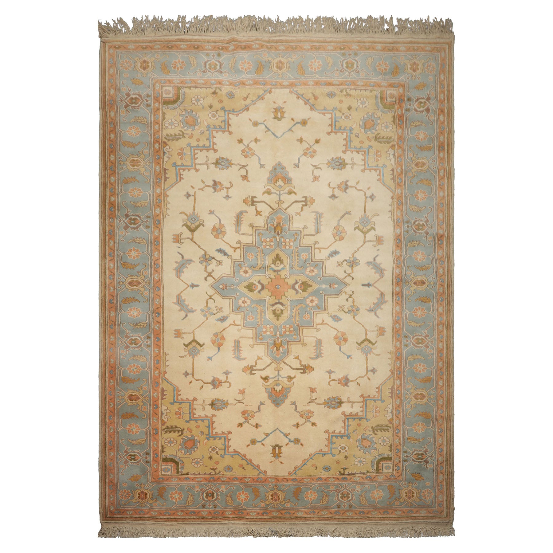 9x14 Ivory, Aqua, Peach Color Hand Knotted Oushak Wool Traditional Oriental Rug
