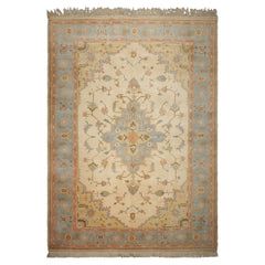 9x14 Ivory, Aqua, Peach Color Hand Knotted Oushak Wool Traditional Oriental Rug