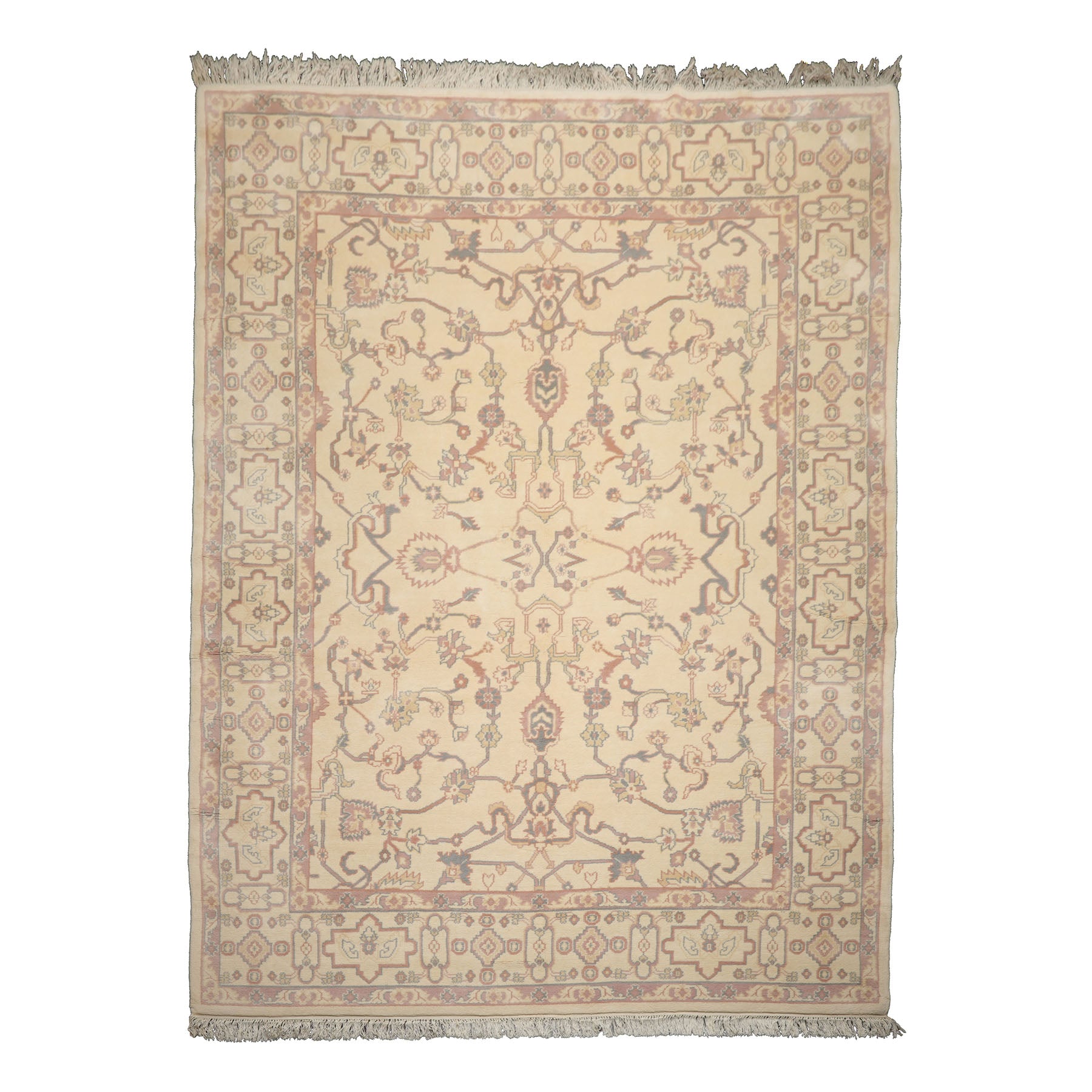 9x12 Ivory, Rose, Gray Color Hand Knotted Heriz New Zealand Wool Traditional Oriental Rug