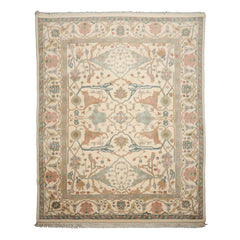 8x10 Ivory, Aqua, Rose Color Hand Knotted Oushak New Zealand Wool Art & Crafts Oriental Rug